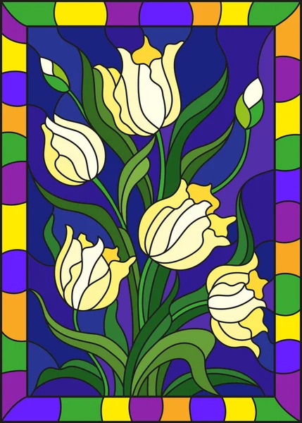 Ilustração Estilo Vitral Com Buquê Tulipas Amarelas Fundo Azul Uma —  Vetores de Stock