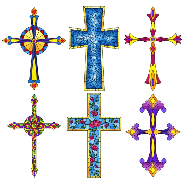 Les Illustrations Dans Style Vitrail Avec Ensemble Croix Chrétienne — Image vectorielle