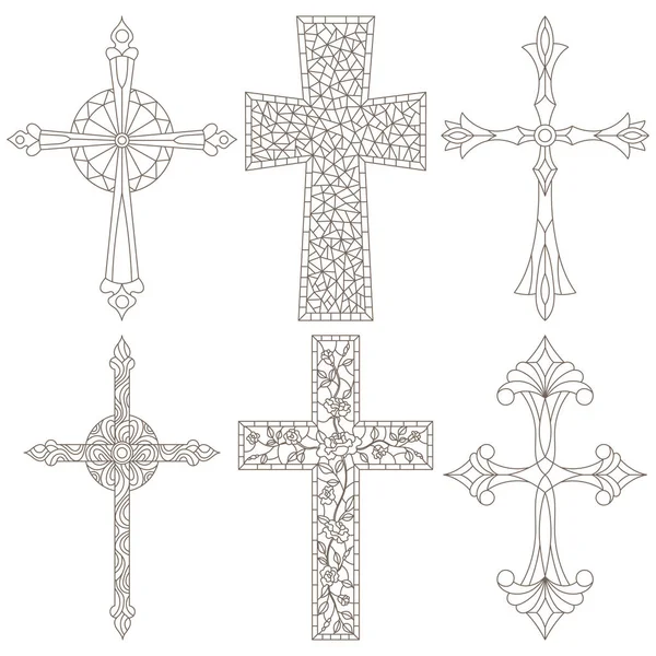 Illustrations Stained Glass Style Contoured Christian Crosses Dark Outlines White — Stock Vector
