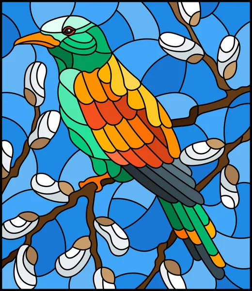 Иллюстрация Витражном Стиле Яркой Птицей Ивовых Ветвях Против Неба — стоковый вектор
