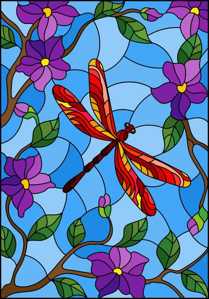 ステンド グラス仕立て 紫の花と明るい赤トンボ イラスト — ストックベクタ