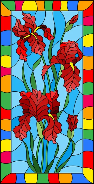 Ilustracja Witrażu Stylu Kwiat Czerwony Irysy Niebieskim Tle Jasnej Ramki — Wektor stockowy