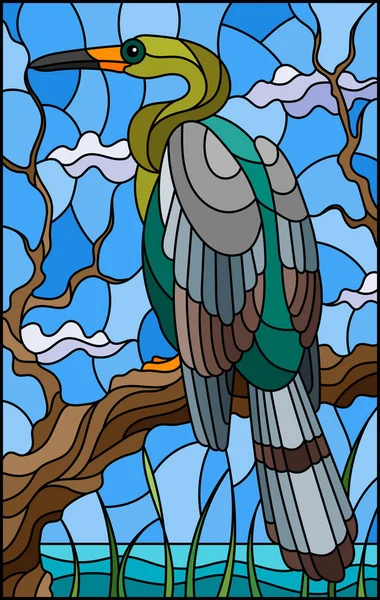 Ilustración Estilo Vitral Con Pájaro Garza Sentado Árbol Sobre Fondo — Archivo Imágenes Vectoriales