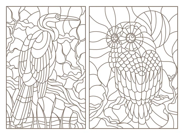 一组彩色玻璃窗的轮廓插图 猫头鹰和树枝上的苍鹭 白色背景上的深色轮廓 — 图库矢量图片