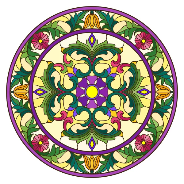 Renkli cam tarzında resim, çiçek süsleri ve girdaplı yuvarlak ayna görüntüsü, sarı arkaplanda parlak çiçekler.