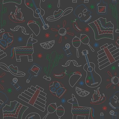 Dikişsiz desen Meksika ülkedeki eğlence temalı simgeleri ile çizilir kontur tebeşirler karanlık okul yönetimi üzerinde renkli