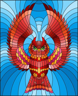 İllüstrasyon soyut kırmızı baykuş gökyüzü arka plan üzerinde uçan ile vitray tarzında