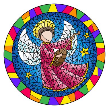 Vitray stil çizimde pembe elbise içinde soyut bir melek ile oynamak ud, yuvarlak resim parlak bir çerçeve içinde
