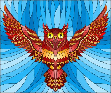 İllüstrasyon soyut kırmızı baykuş gökyüzü arka plan üzerinde uçan ile vitray tarzında