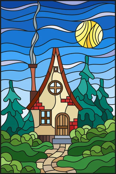 Ilustração Estilo Vitral Com Uma Casa Solitária Fundo Floresta Verde — Vetor de Stock