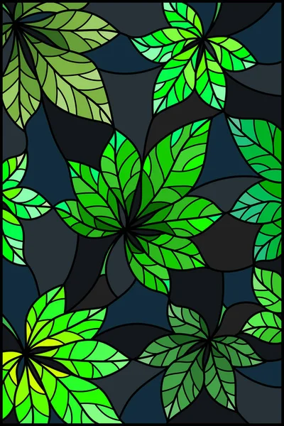 Illustration Vitrail Avec Des Feuilles Vertes Châtaignier Sur Fond Sombre — Image vectorielle