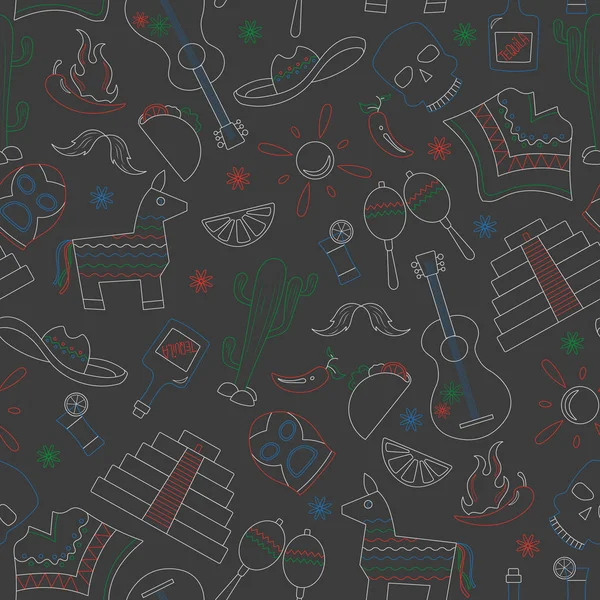 Dikişsiz desen Meksika ülkedeki eğlence temalı simgeleri ile çizilir kontur tebeşirler karanlık okul yönetimi üzerinde renkli