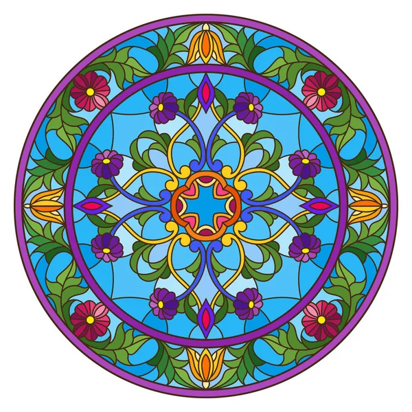 Illustration Målat Glas Stil Runda Spegelbild Med Blommig Ornament Och — Stock vektor