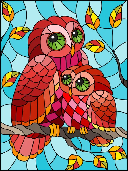Illustratie Gebrandschilderd Glas Stijl Met Fairy Rode Uil Owlet Een — Stockvector