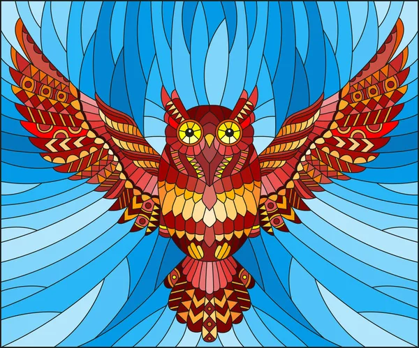 İllüstrasyon soyut kırmızı baykuş gökyüzü arka plan üzerinde uçan ile vitray tarzında