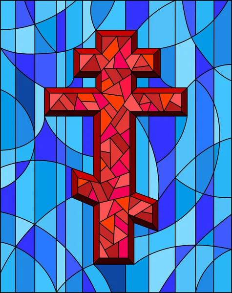 Illustration Vitrail Avec Une Croix Rouge Sur Fond Bleu Abstrait — Image vectorielle