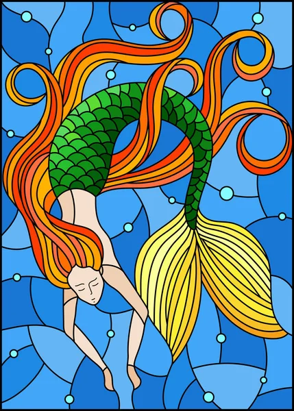 Ilustración Estilo Vidriera Con Sirena Con Pelo Rojo Largo Sobre — Vector de stock