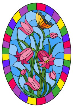 Şekil vitray tarzı çiçekli, yaprakları ve çan çiçekleri pembe ve parlak bir çerçevede, oval görüntü gökyüzü arka plan üzerinde kelebek 