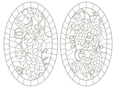 Vitray tarzı çerçeveli üzüm, oval görüntüleri, beyaz zemin üzerine koyu konturlar ile kontur illüstrasyonlar kümesi