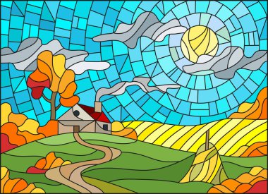 Boyalı cam tarzında bir manzara. Tarlanın, güneşin ve gökyüzünün ortasında yapayalnız bir ev. Sonbahar manzarası.