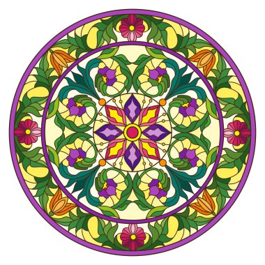 Renkli cam tarzında resim, çiçek süsleri ve girdaplı yuvarlak ayna görüntüsü, sarı arkaplanda parlak çiçekler.