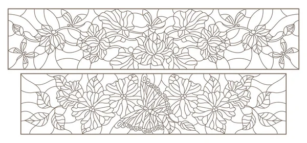 Série Illustrations Contours Vitrail Avec Fleurs Papillons Libellules Images Horizontales — Image vectorielle