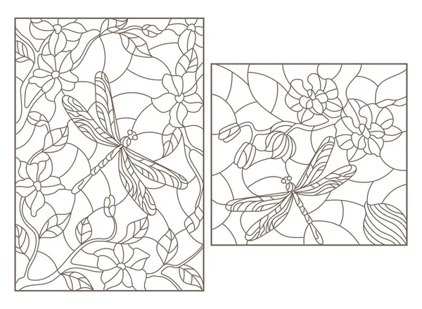 Uppsättning Kontur Illustrationer Målat Glas Stil Med Blommor Och Trollsländor — Stock vektor
