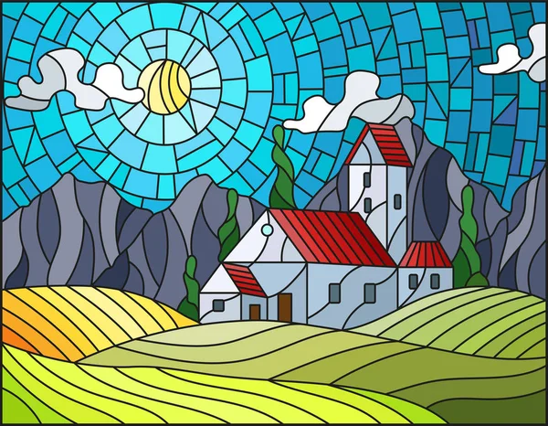 Ilustração Paisagem Estilo Vitral Com Uma Casa Solitária Meio Campos — Vetor de Stock