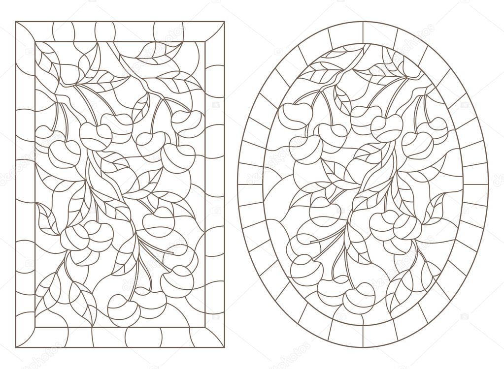 A set of contour illustrations in stained glass style with cherry tree branches, oval and rectangular image in a frame, dark contours on a white background