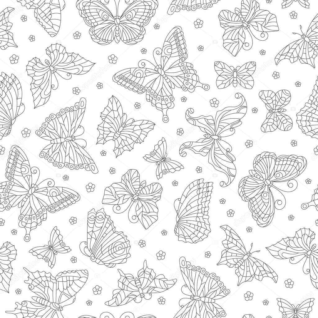 Seamless pattern with outline butterflies and flowers, the dark outlines on a white background