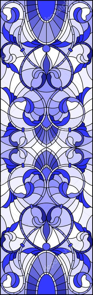 Illustration in stained glass style with abstract  swirls,flowers and leaves  on a light background,vertical orientation gamma blue