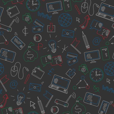 Sorunsuz arka plan tema iş ile renkli tebeşirler karanlık okul yönetimi üzerinde çizilmiş Internet ve bilgi teknolojisi