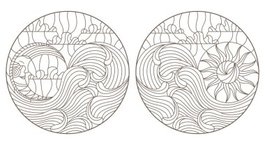 Ay, Güneş ve gökyüzü arka plan, yuvarlak görüntüleri, beyaz zemin üzerine koyu özetliyor dalgalar ile Windows vitray kontur çizimleri kümesi