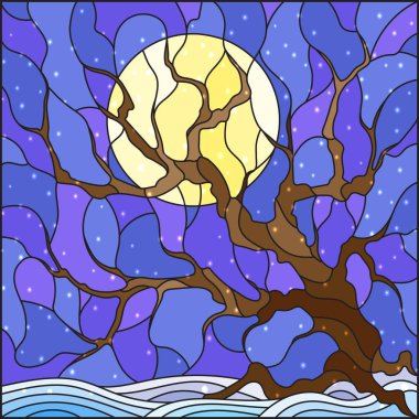 İllüstrasyon kar ve güneş gökyüzü arka plan üzerinde kış ağacıyla vitray tarzında