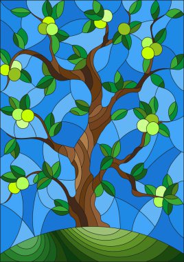 Vitray tarzı gökyüzüne karşı bir tepe üzerinde tek başına duran bir elma ağacı ile resimde
