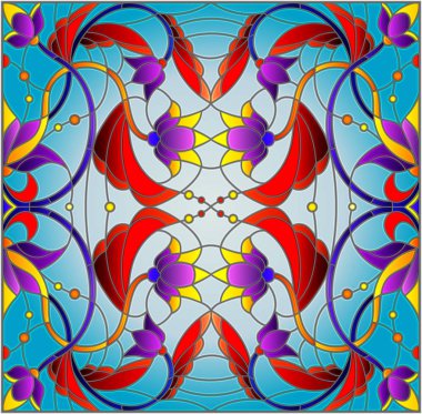 İllüstrasyon soyut swirls, vitray tarzında çiçekler ve mavi bir arka plan üzerinde bırakır