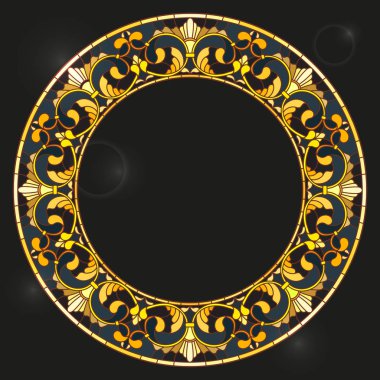 Vitray tarzı çerçeve çiçek, altın çiçek ve yaprakları koyu arka plan üzerinde resimde