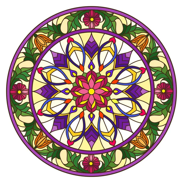 Renkli cam tarzında resim, çiçek süsleri ve girdaplı yuvarlak ayna görüntüsü, sarı arkaplanda parlak çiçekler.