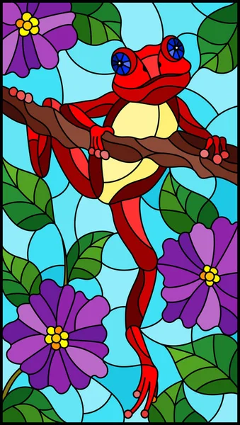 Иллюстрация Витражном Стиле Ярко Красной Лягушкой Фоне Ветвей Растений Фиолетовыми — стоковый вектор