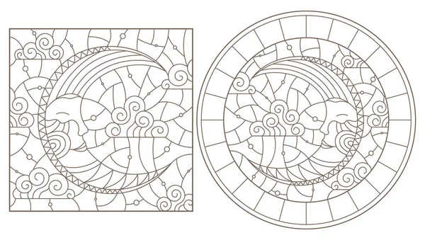 ステンドグラスの輪郭線図のセット月と空 円と長方形の画像 白い背景の暗い輪郭線 — ストックベクタ
