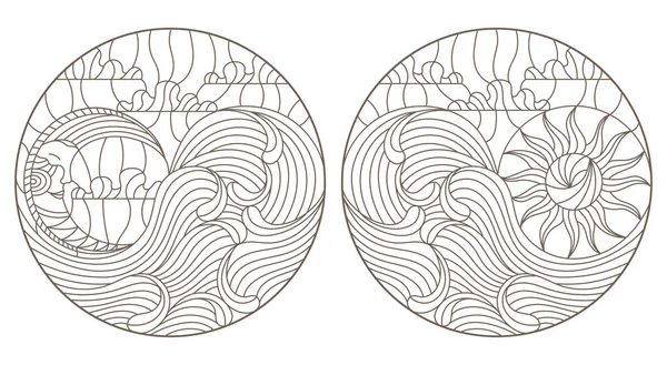 在天空背景 圆的图像 白色背景上的暗轮廓的彩色玻璃窗户的轮廓图集 — 图库矢量图片