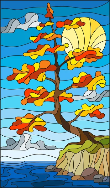 Illustration Glasmalerei Mit Herbstbaum Flussufer Auf Himmelshintergrund Mit Wolken Und — Stockvektor