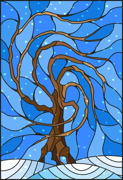 İllüstrasyon kar ile gökyüzü arka plan üzerinde kış ağacıyla vitray tarzında