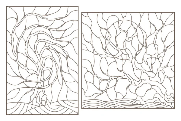 Vitray kontur illüstrasyonlar ağaçlar, beyaz zemin üzerine koyu kontür görüntü ile ayarla