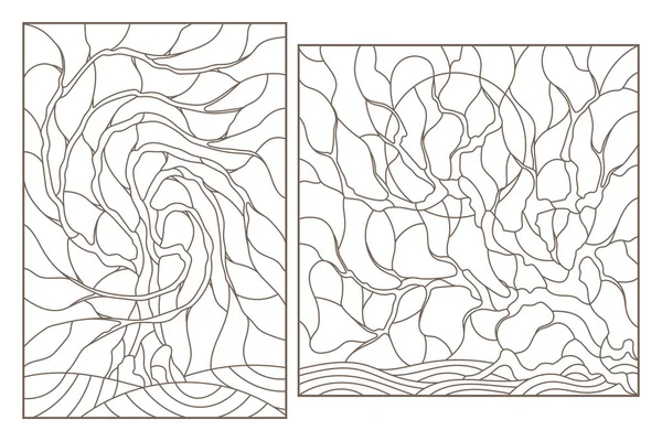 Установите Контурные Иллюстрации Витражей Изображением Деревьев Темные Контуры Белом Фоне — стоковый вектор