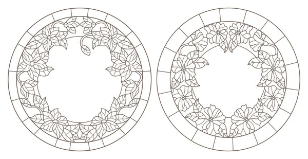 Impostare Contorno Illustrazioni Vetrate Con Cornice Floreale Contorni Scuri Sfondo — Vettoriale Stock