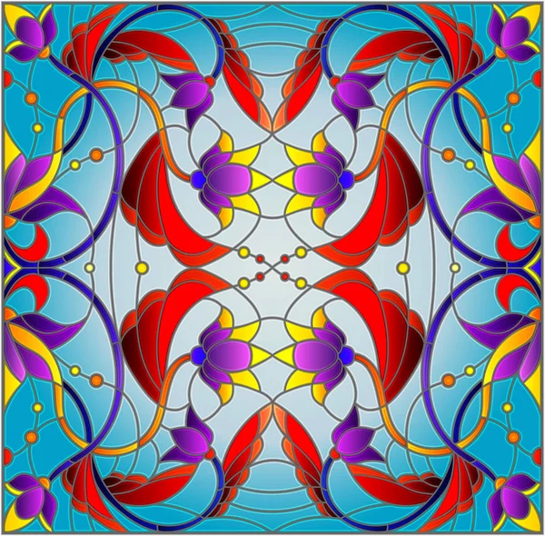 İllüstrasyon soyut swirls, vitray tarzında çiçekler ve mavi bir arka plan üzerinde bırakır