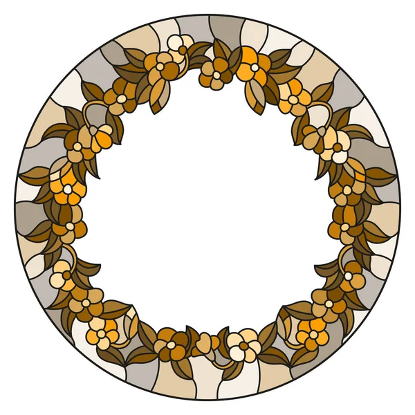 Illustration Glasmalerei Blumenrahmen Braune Blüten Und Blätter Auf Weißem Hintergrund — Stockvektor