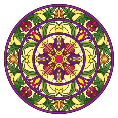 Renkli cam tarzında resim, çiçek süsleri ve girdaplı yuvarlak ayna görüntüsü, sarı arkaplanda parlak çiçekler.