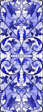 İllüstrasyon soyut swirls, vitray tarzında çiçekler ve hafif bir arka plan üzerinde dikey yönlendirme gama mavi yaprakları